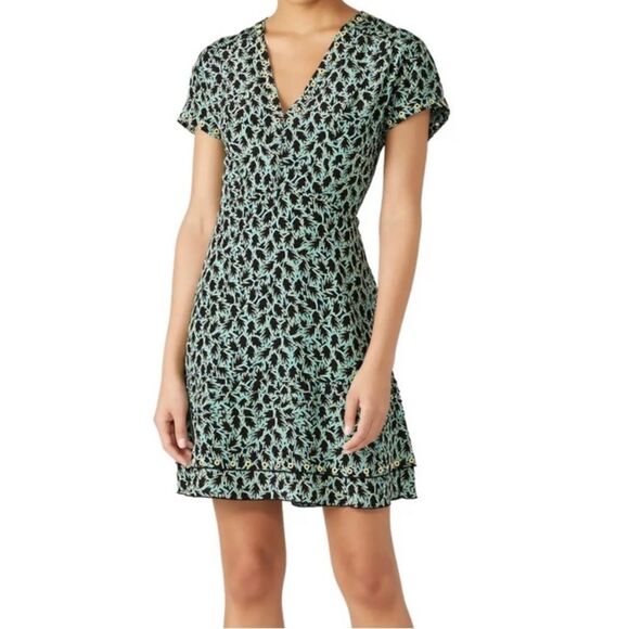 DEREK LAM 10 Crosby Leaf Print Grommet Detail Mini Dress Green/Black Sz 0 XS - Picture 1 of 14
